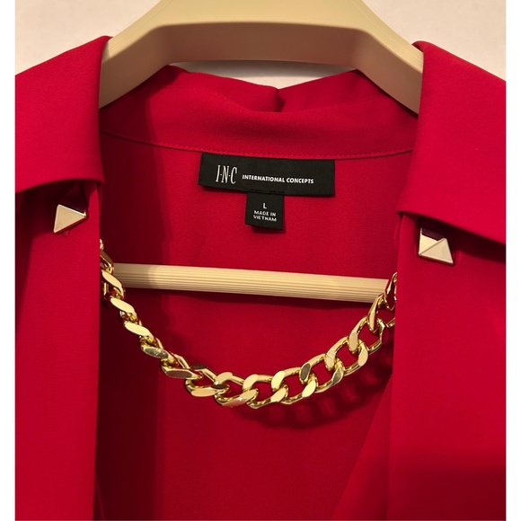INC Holiday Party Red Long Sleeve Chain V-Neck Blouse - Picture 3 of 7